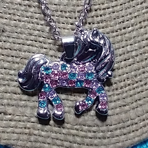 Silvertone colorful rhinestone unicorn chain necklace - Picture 1 of 6